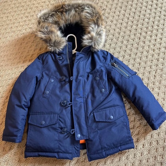 RL Navy Down Parka with Fur Hood and Orange Lining - Picture 2 of 5